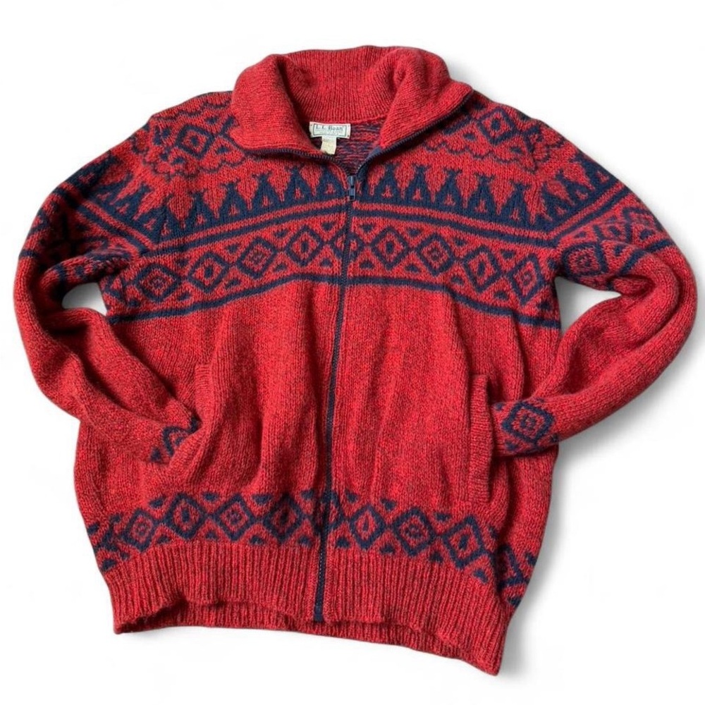 Vtg 80s L.L. Bean Wool Zip Up Sweater Jacket Printed Grandmacore Collared Size L